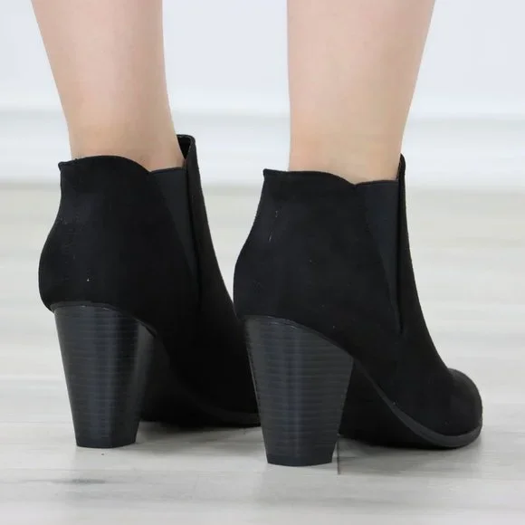 Womens Ankle Boots High Heel Black Elastic Gore Synthetic Suede Round Toe - Picture 10 of 11